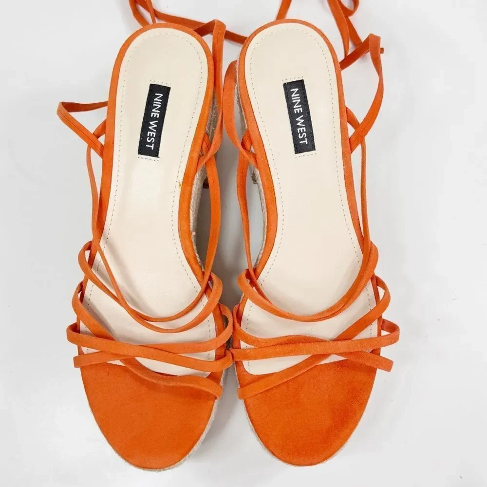 Nine West Riplee Platform Espadrille Ankle Wrap Strappy Sandals Orange 8.5